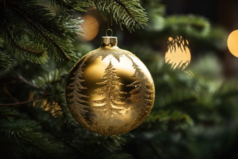 A gold christmas ornament hanging from a christmas tree with lights in the background of it.